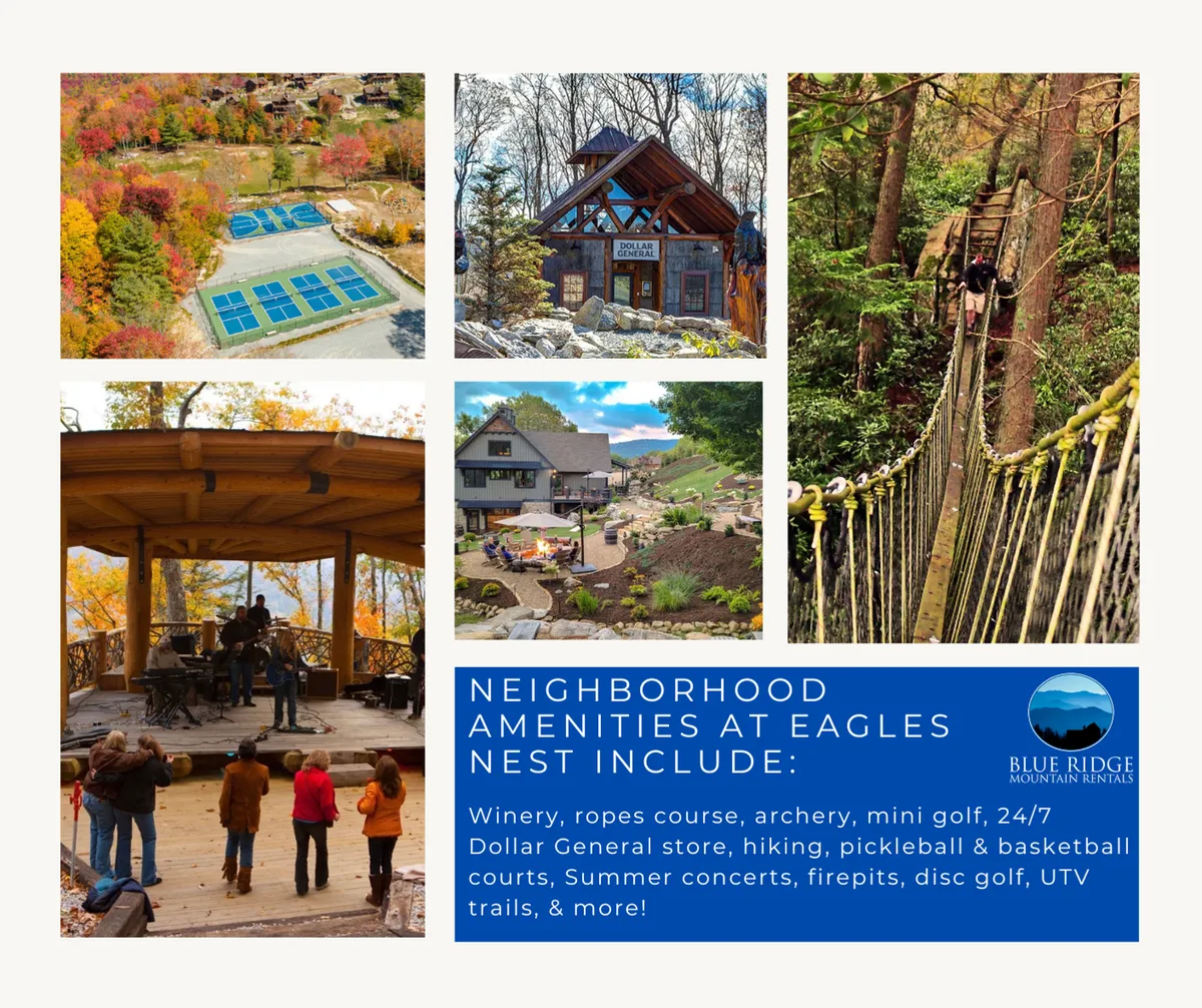 This image showcases a vibrant exterior community space at Eagles Nest, featuring an outdoor seating area, a performance stage, ropes course, tennis courts, and woodland trails. Children and adults can be seen enjoying a variety of outdoor games and activities, with the playground and mini-golf course visible, all nestled within lush mountain surroundings.
